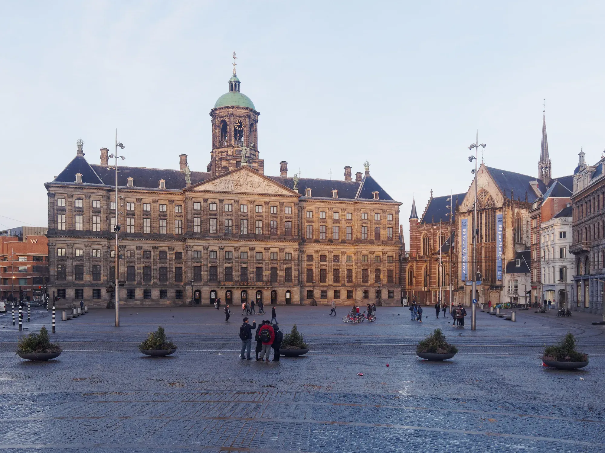 Dam Square in Amsterdam with the Royal Palace and the Nieuwe Kerk side by side