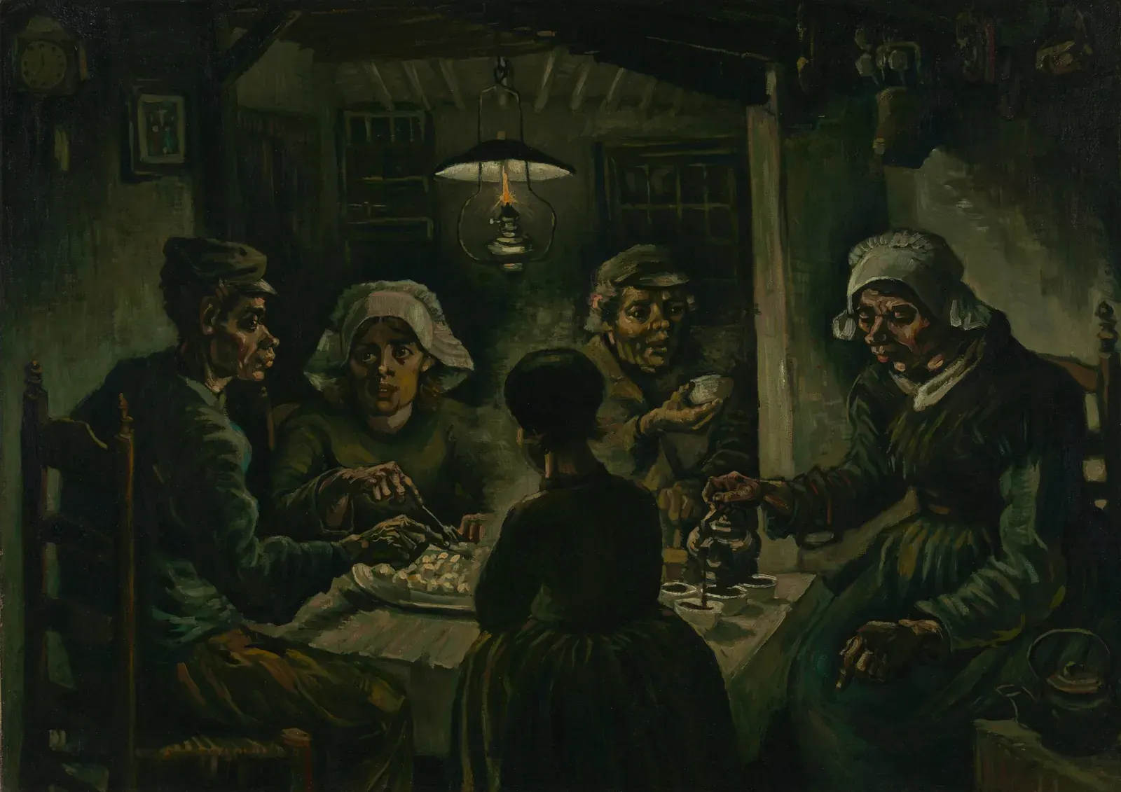 Van Gogh's The Potato Eaters (1885), a farming family at their evening meal under an oil lamp