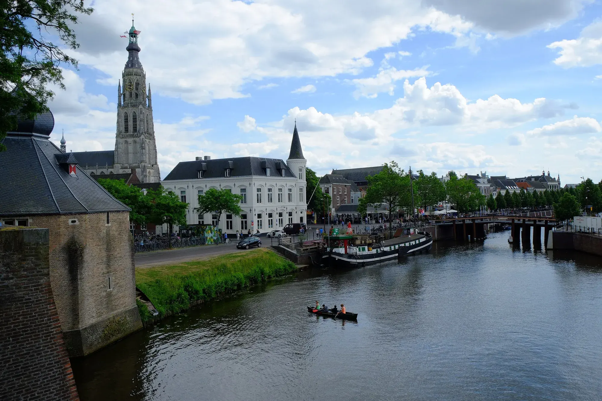 The Spanjaardsgat water gate in Breda seen from the far bank of the Mark