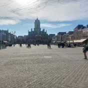 A wide view of the Markt square with the Stadhuis, Delft