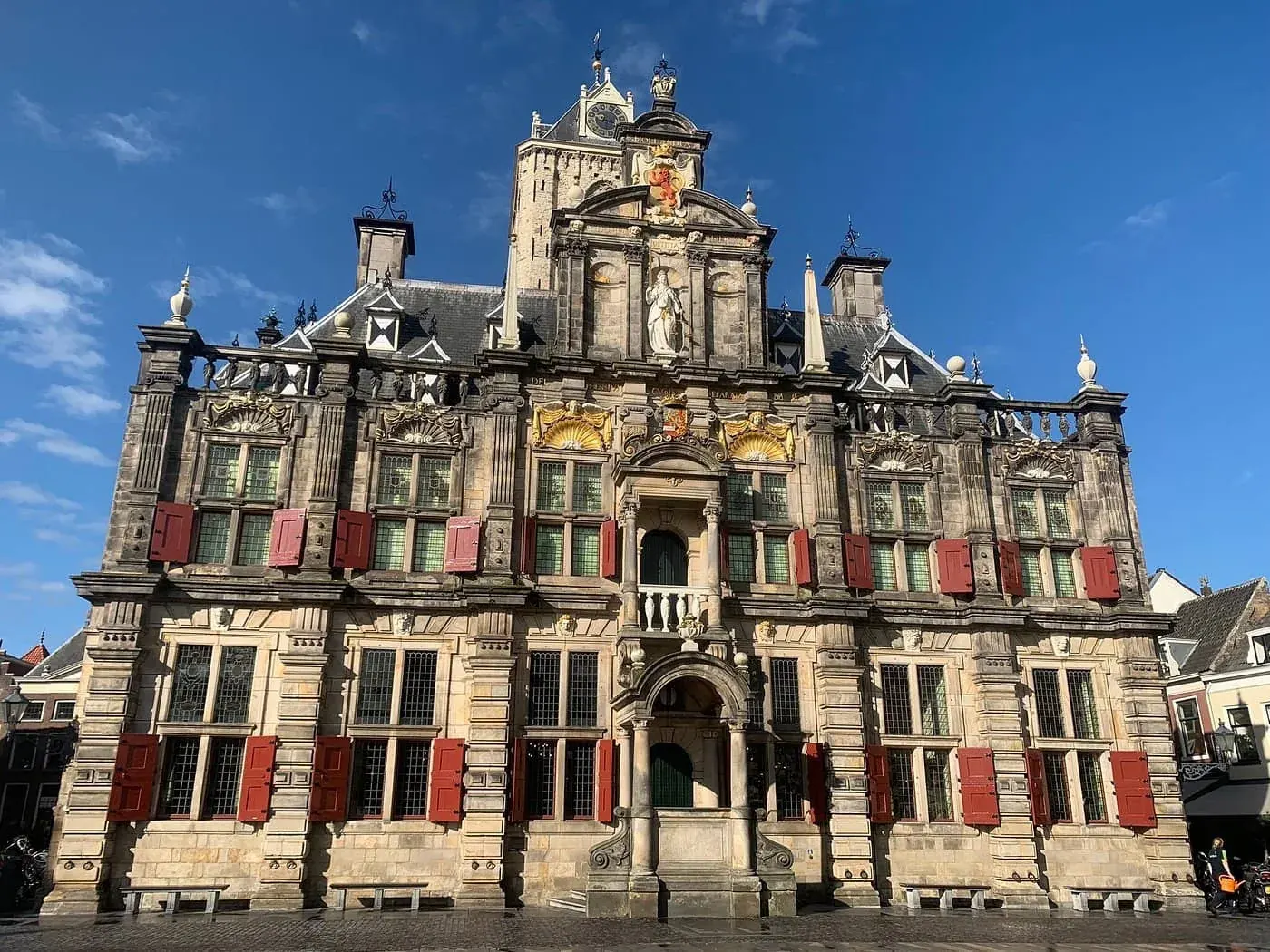 The Renaissance facade of Delft's Stadhuis (city hall) on the Markt