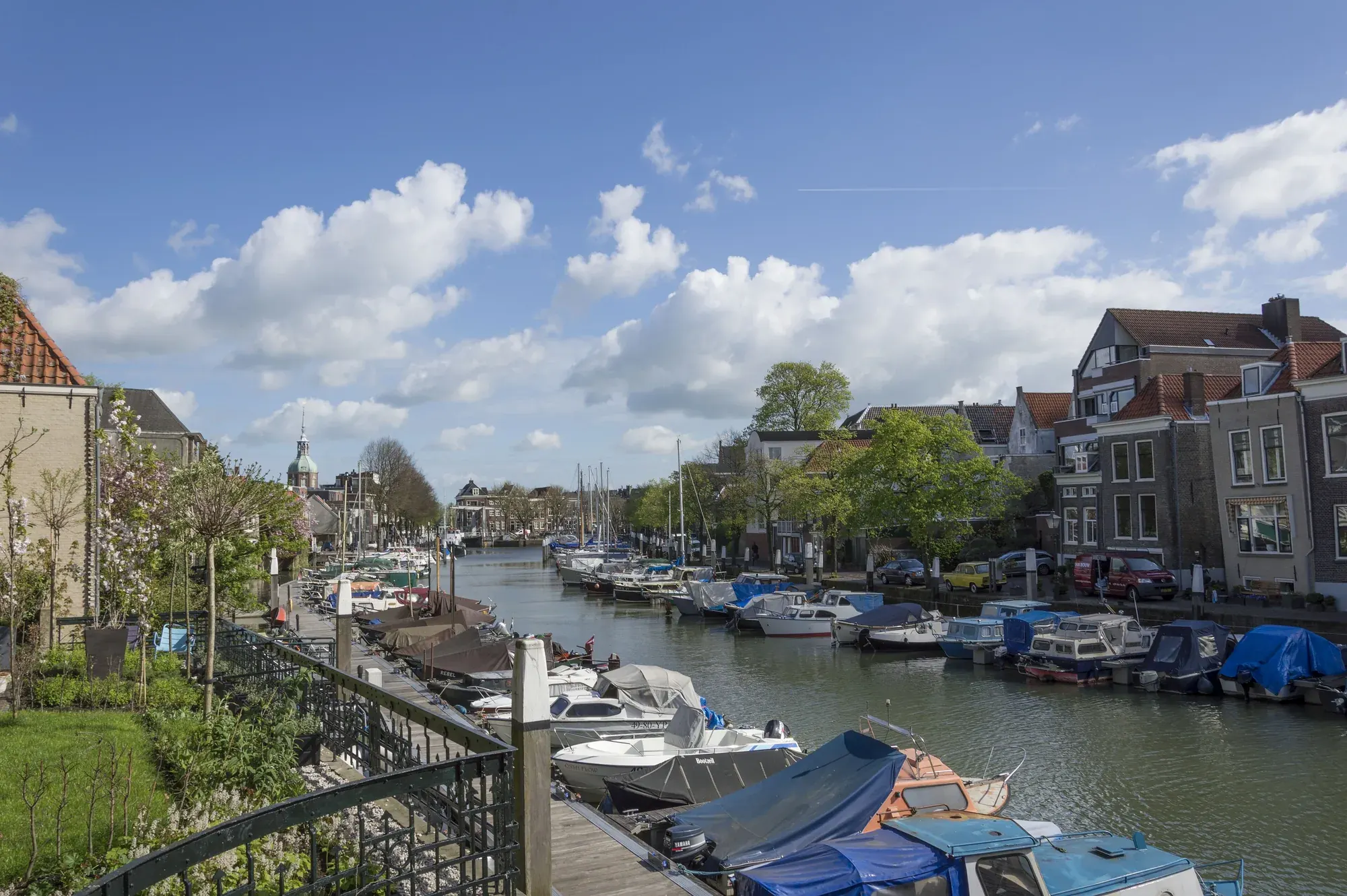 Pleasure boats moored in the Wijnhaven in Dordrecht