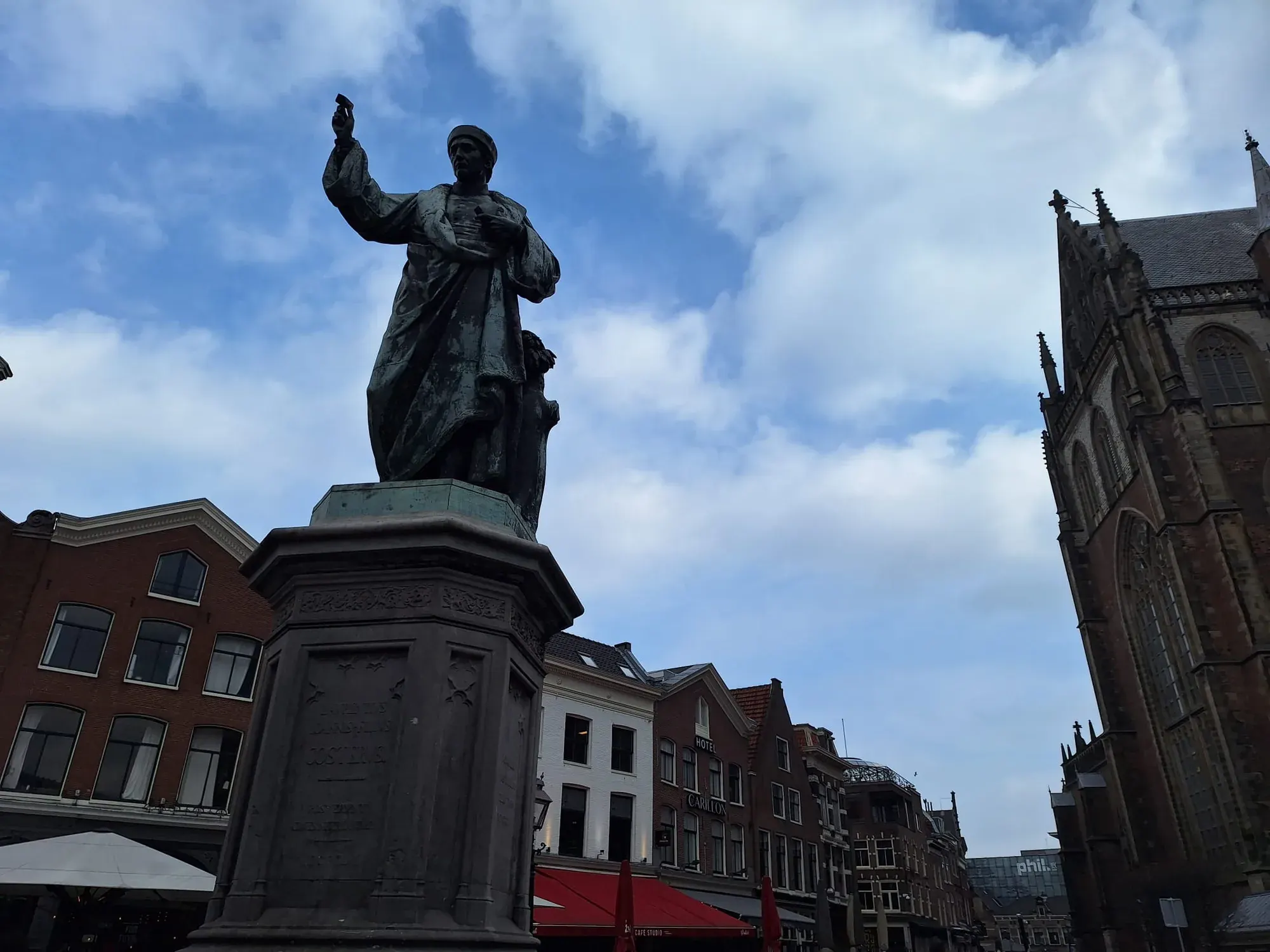 The bronze Laurens Janszoon Coster statue on the Grote Markt, Haarlem
