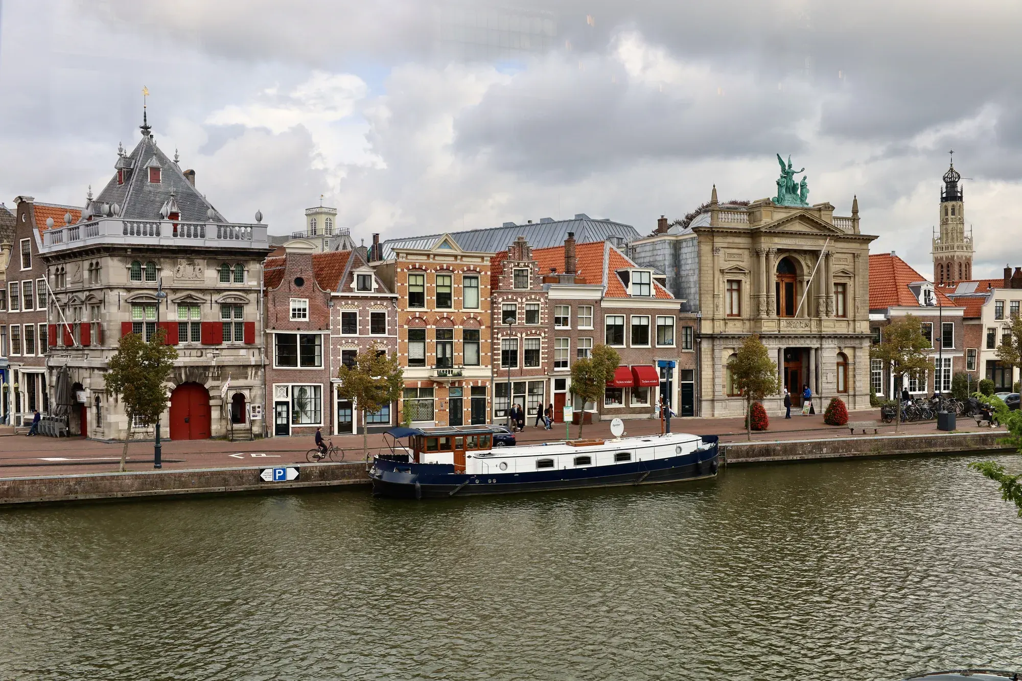 The Spaarne quayside in Haarlem with Teylers Museum and gabled houses
