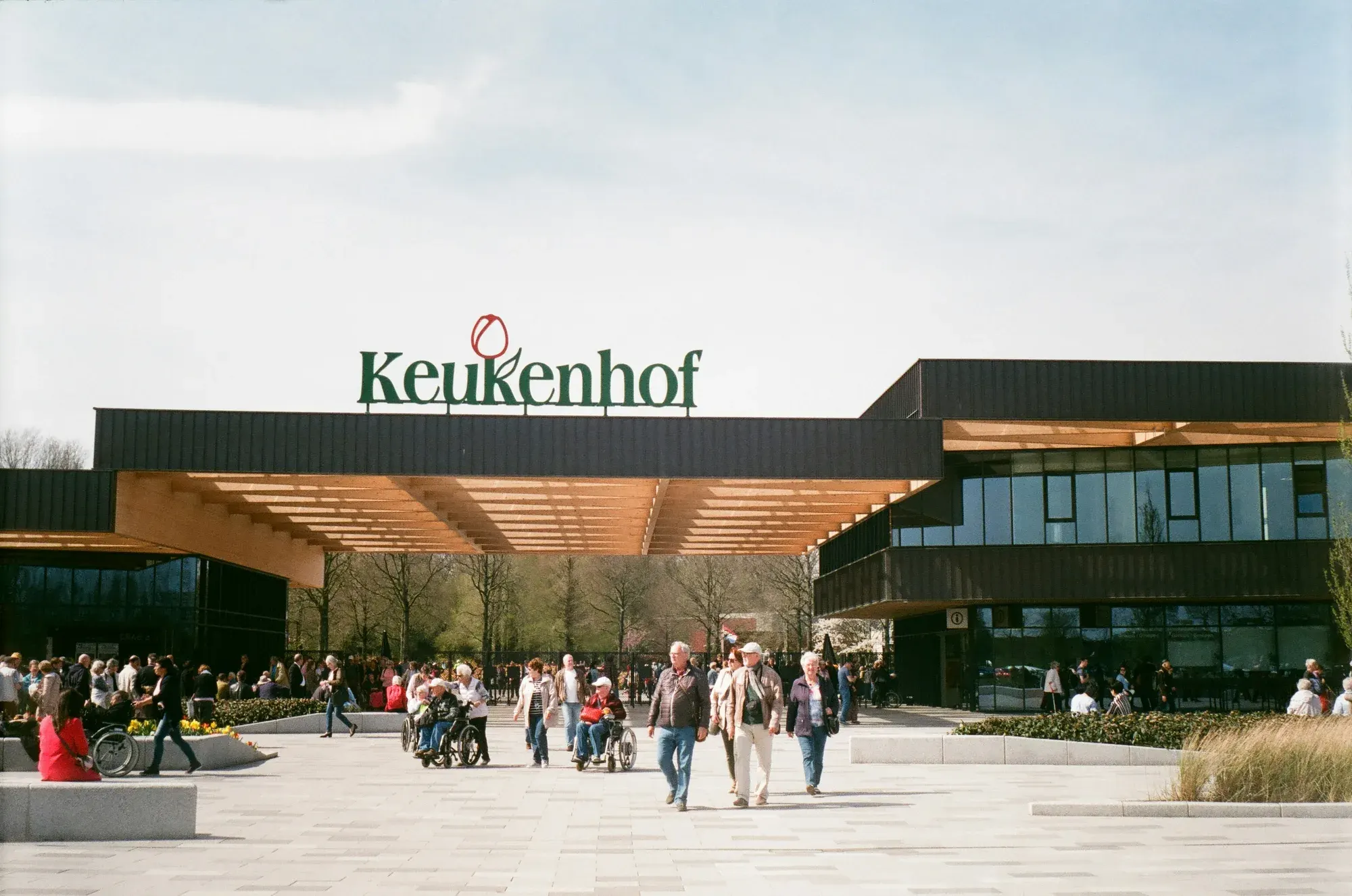 Visitors at the main entrance building of Keukenhof gardens