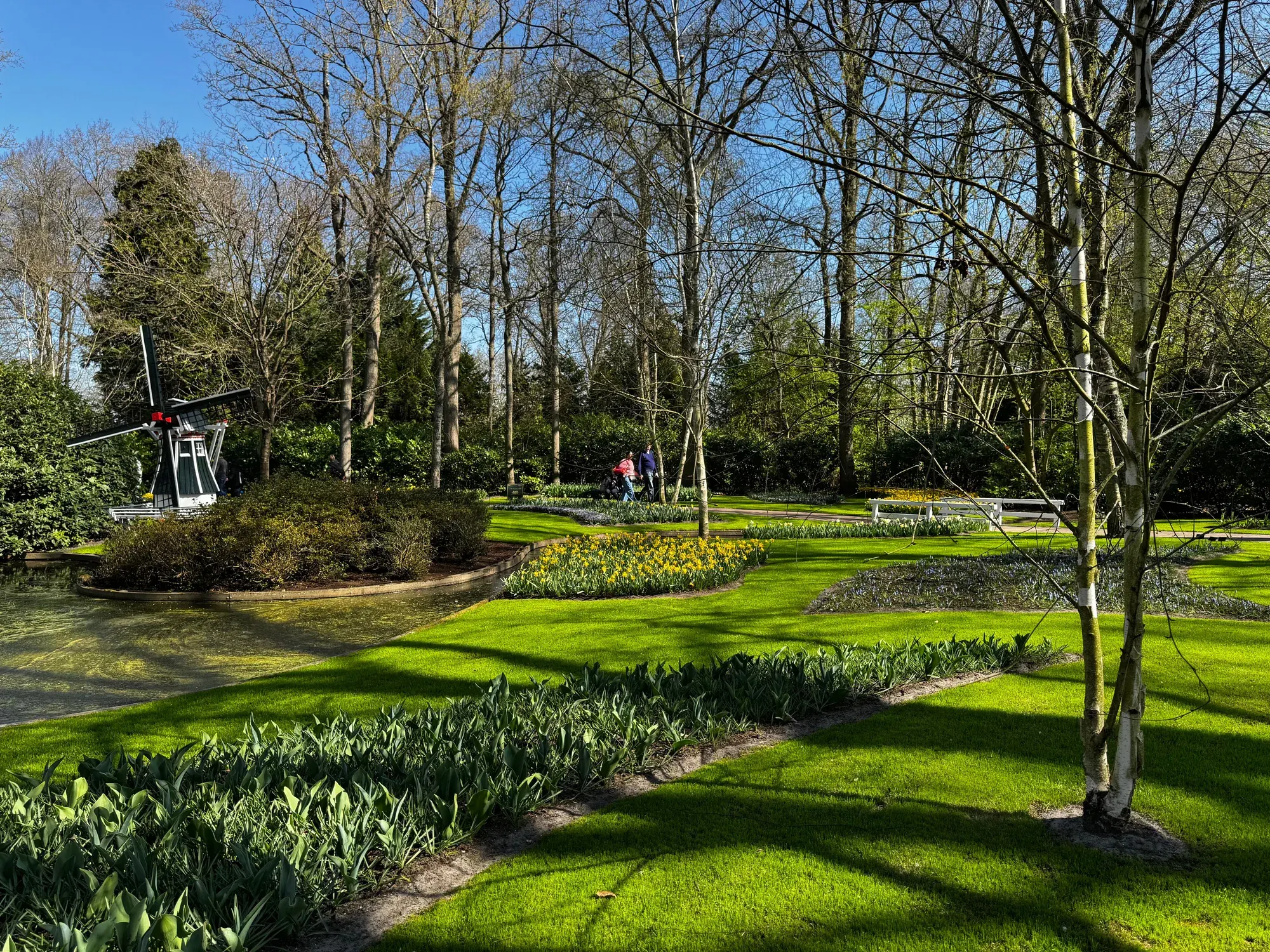 Small ornamental windmill beside the pond in early spring at Keukenhof