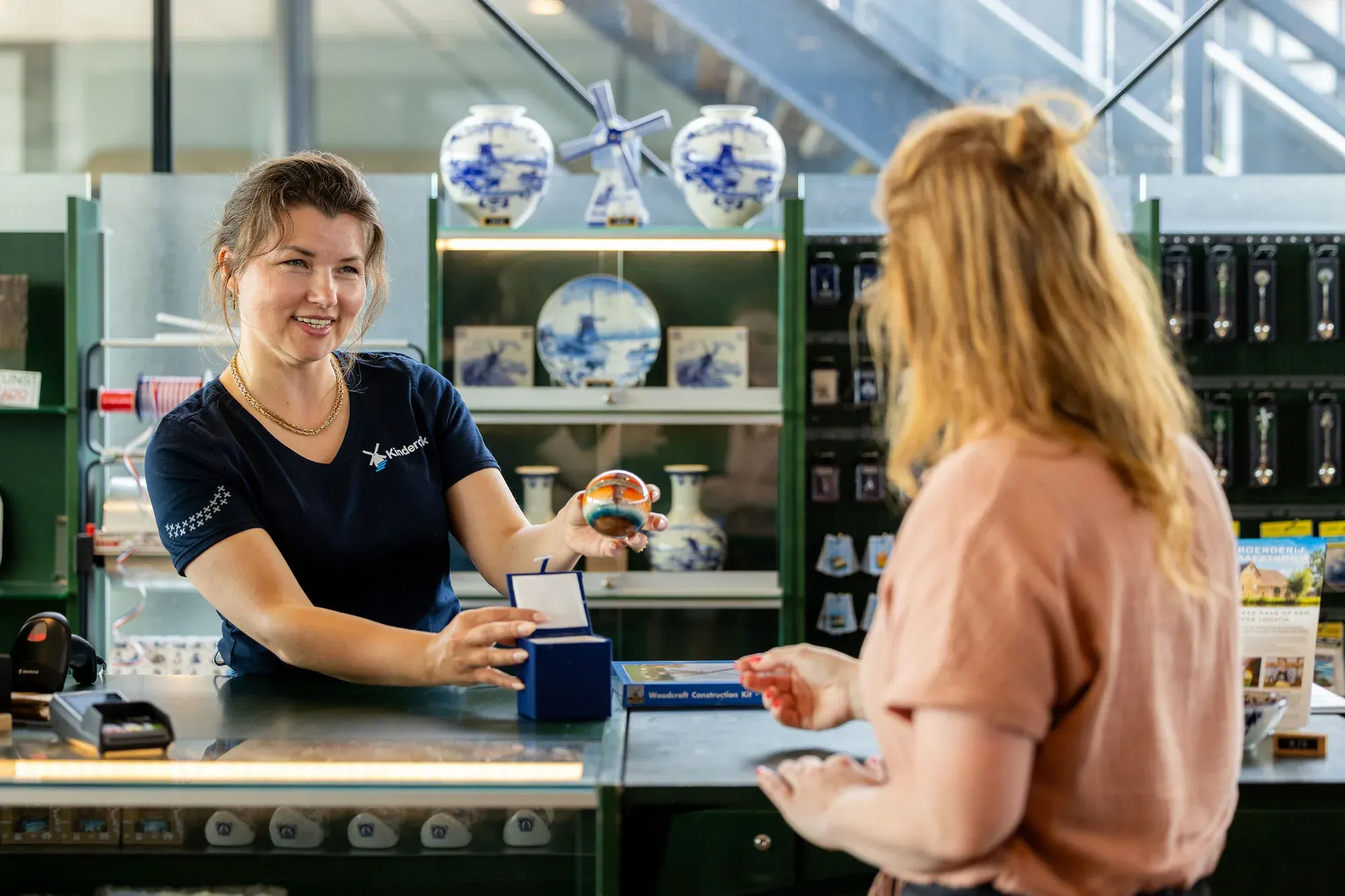 Delftware souvenirs in the Kinderdijk visitor centre shop