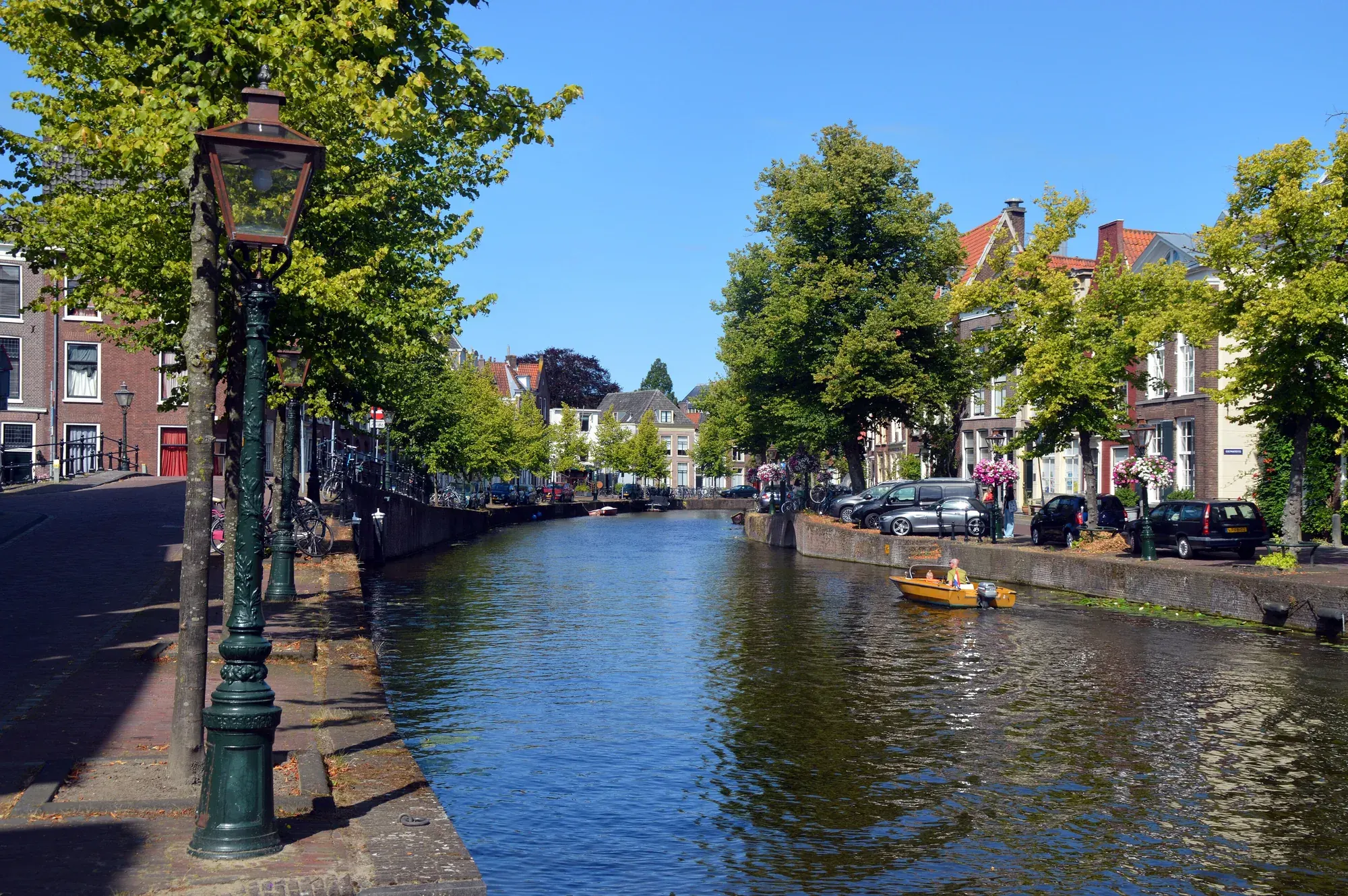 The Rapenburg canal in Leiden lined with trees and gabled houses