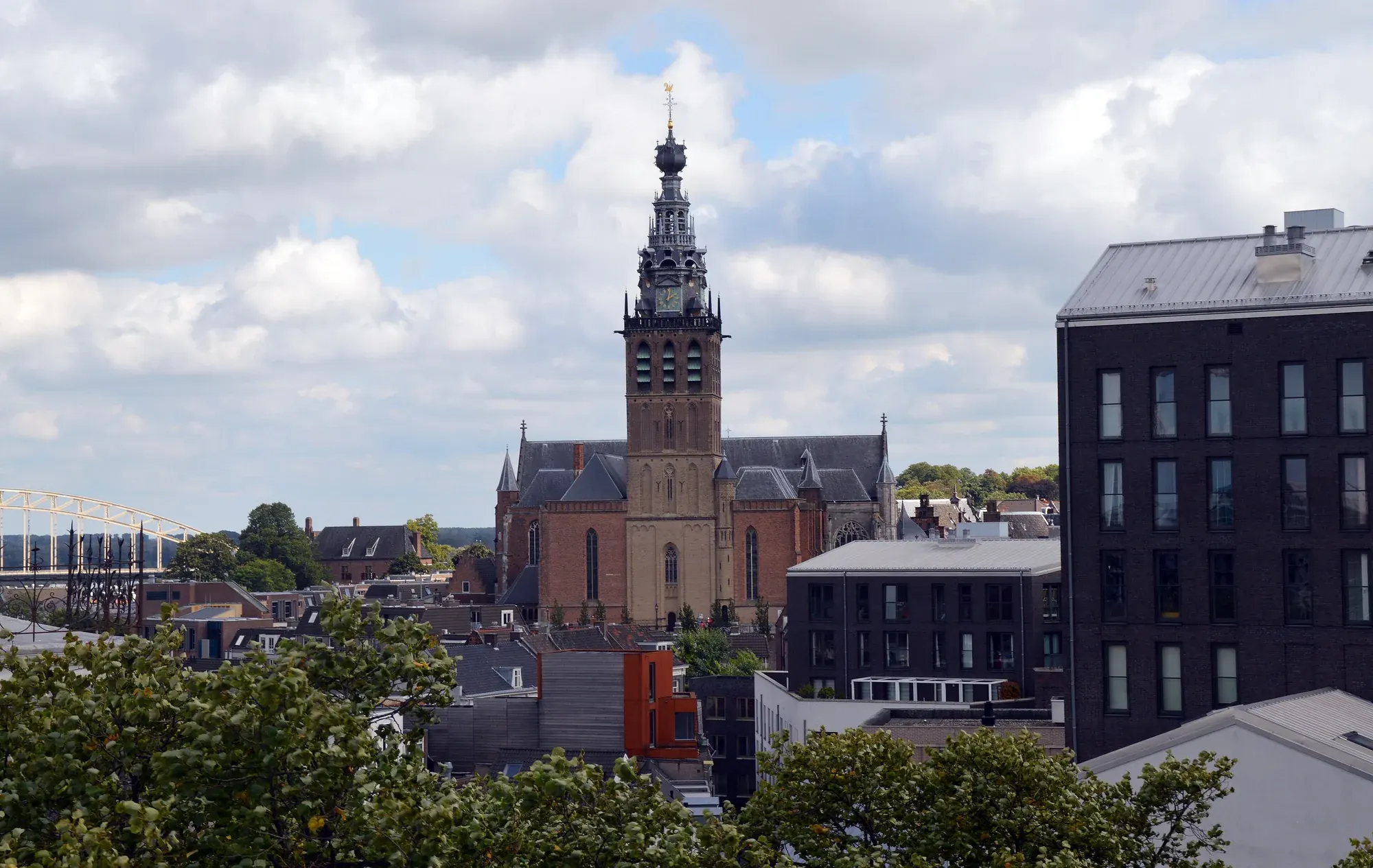 The tower of the Sint-Stevenskerk rising above the rooftops of Nijmegen