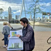 One of our guides telling the story of the Erasmusbrug to a small group in Rotterdam
