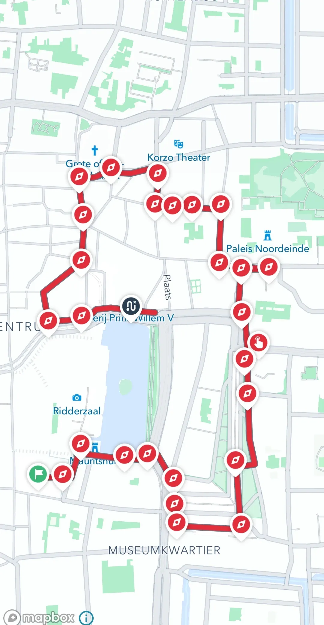 The tour route through the centre of The Hague on a map, with a marker at each stop
